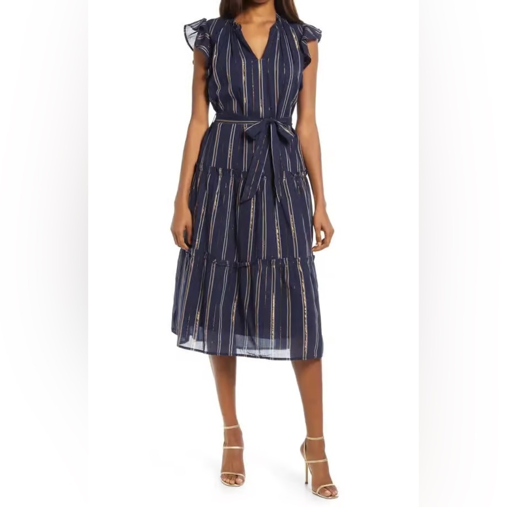 ADELYN RAE size s Metallic Stripe Ruffle Sleeve Midi Dress navy lurex tied waist